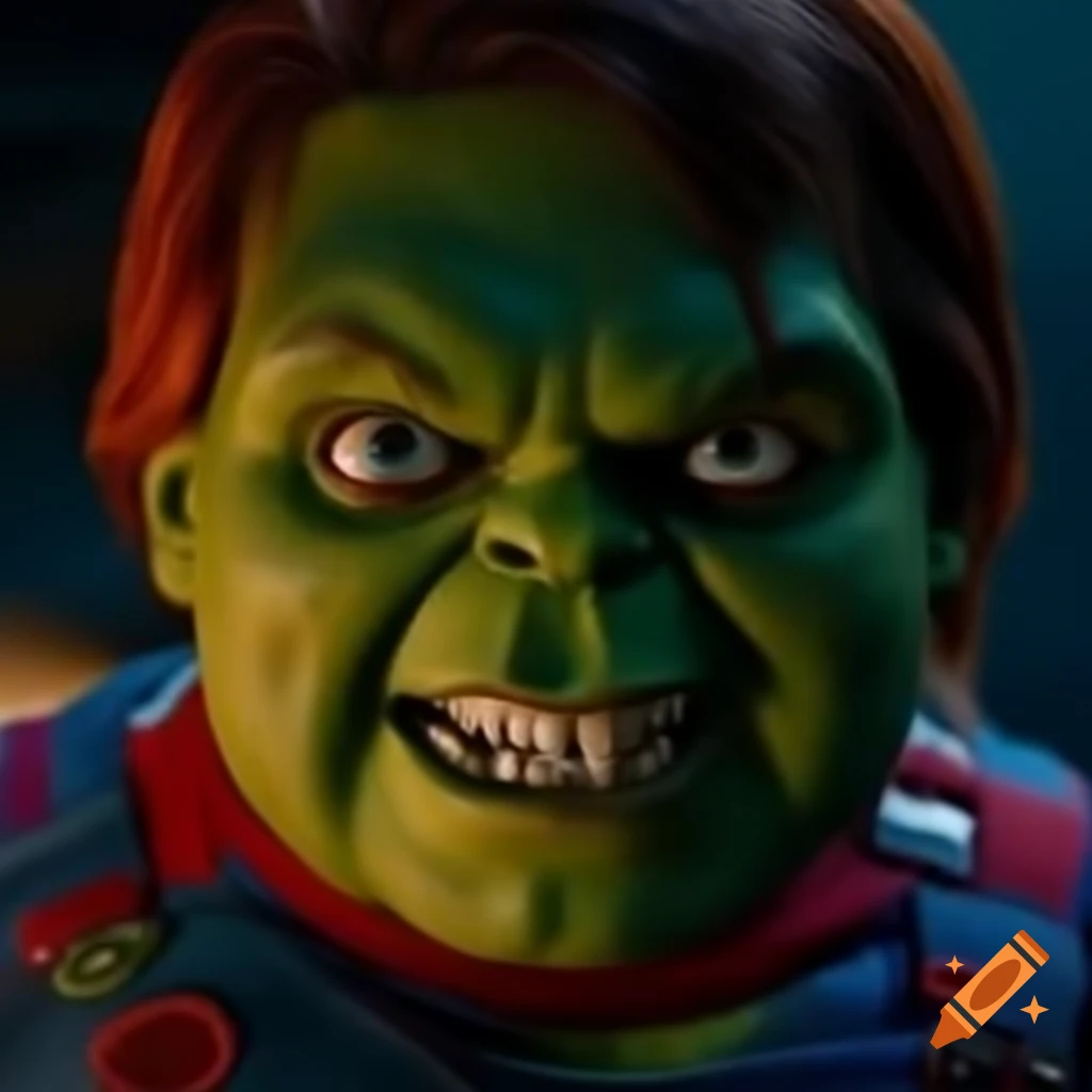 Hybrid character combining Hulk and Chucky features