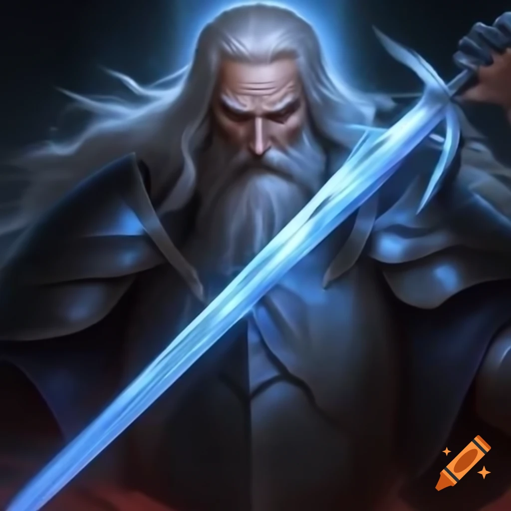 Stoic knight with white hair and pale blue eyes wielding longsword