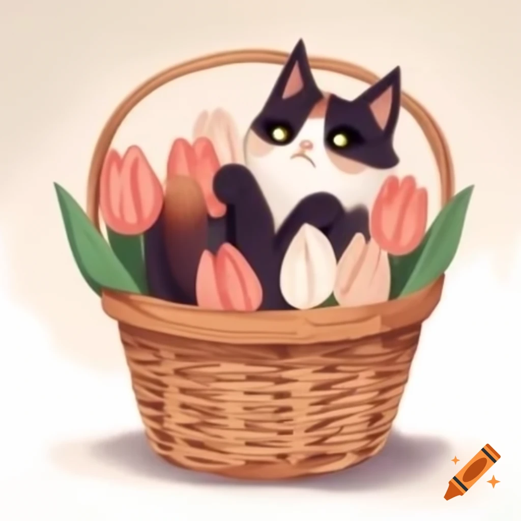 Cartoon-style tulip-shaped basket with brown and black tabby kitten