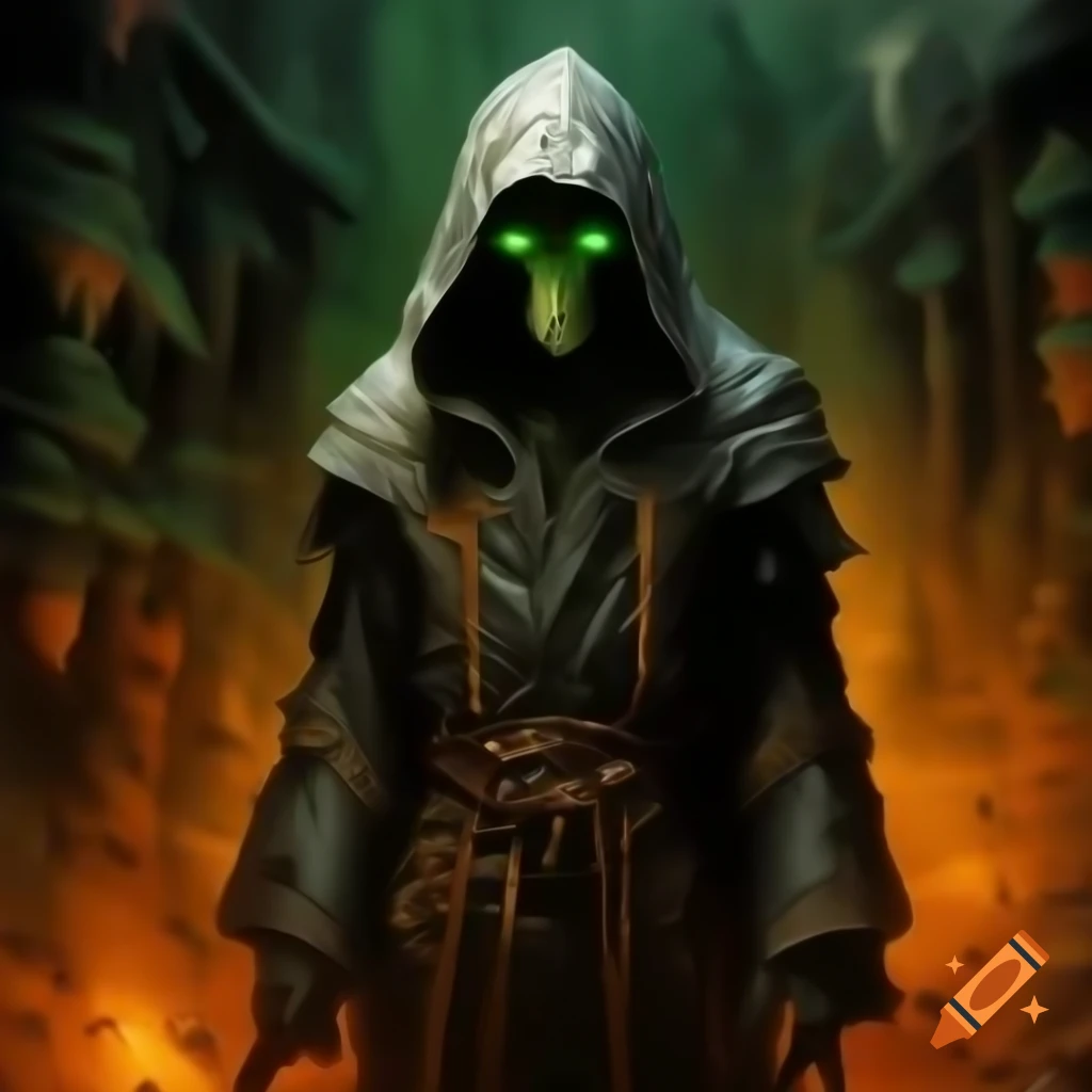Blind warlock with glowing eyes in dark robes at forest edge with flickering torches
