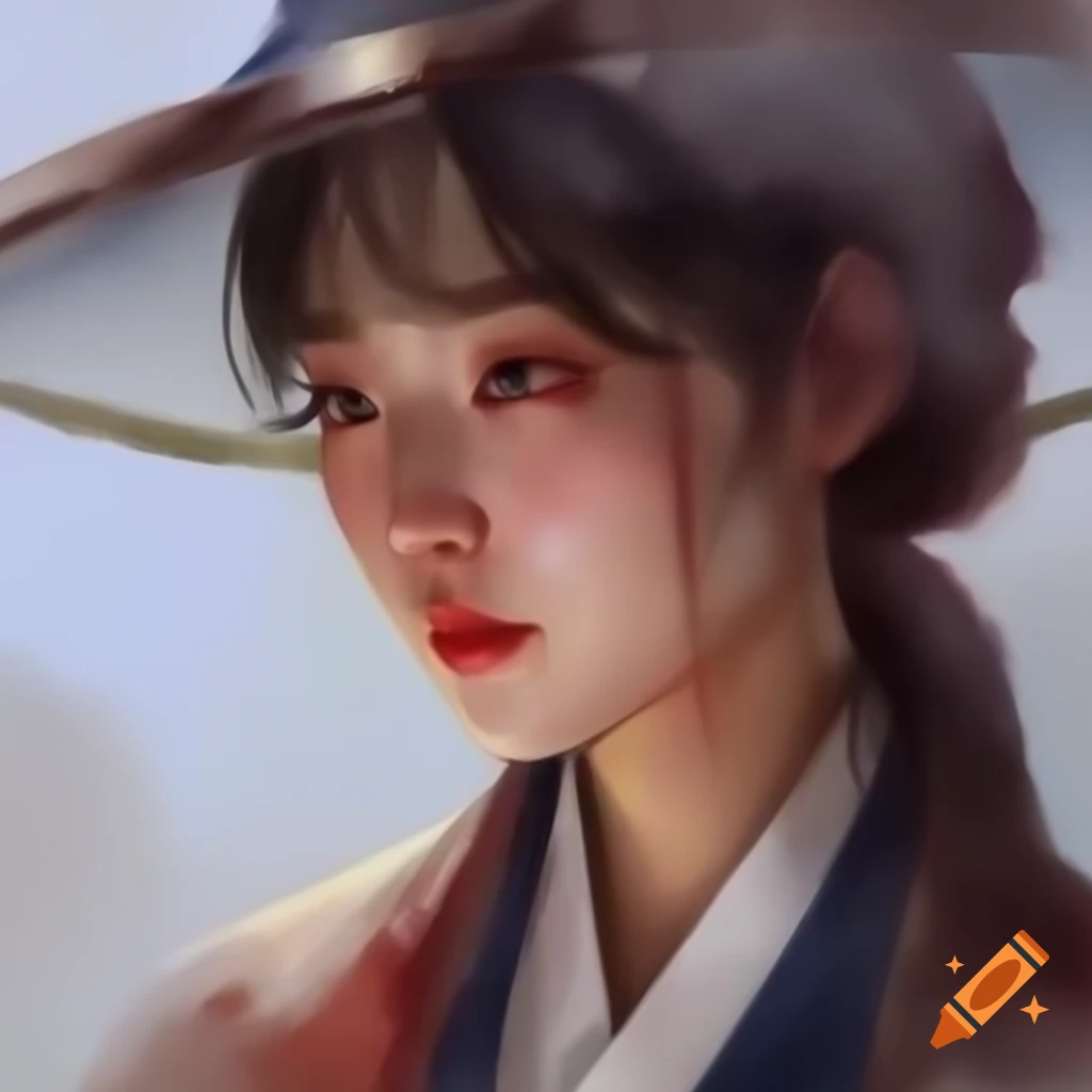 Detailed digital portrait of a Korean woman in watercolor style with Rembrandt influence
