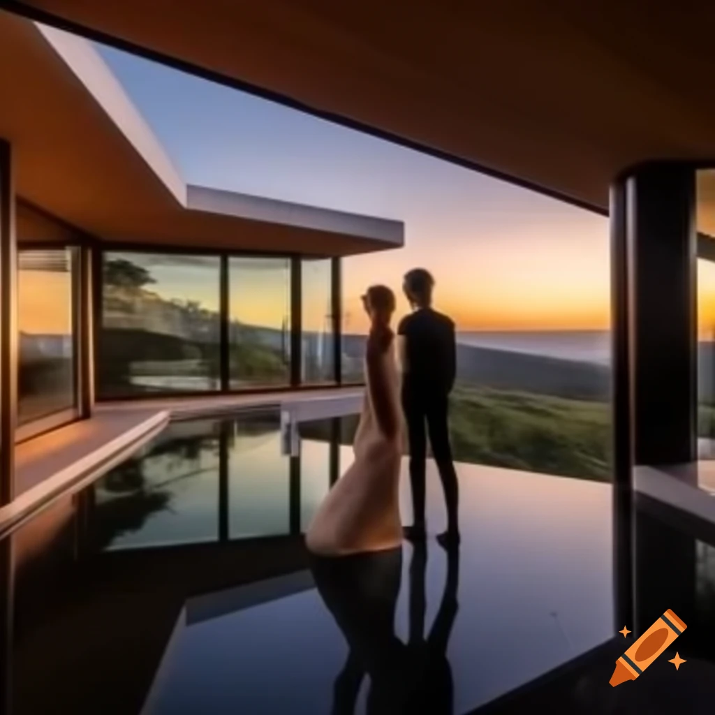 Elegant couple in front of modern villa with panoramic windows at sunset