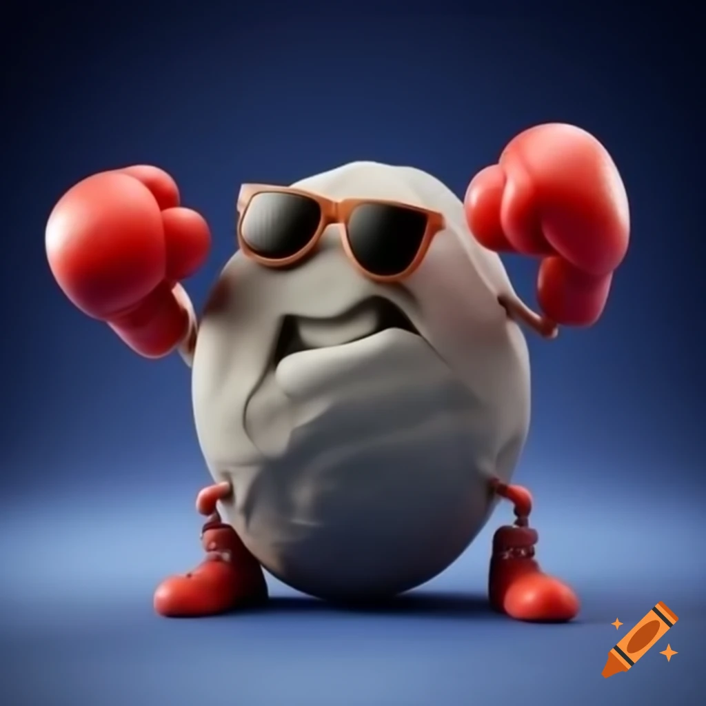 Cartoon rock character with arms and legs wearing boxing gloves and sunglasses