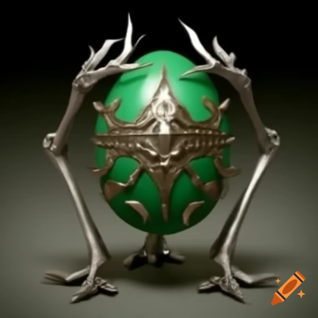 Ornamental metal egg with legs and emerald highlights