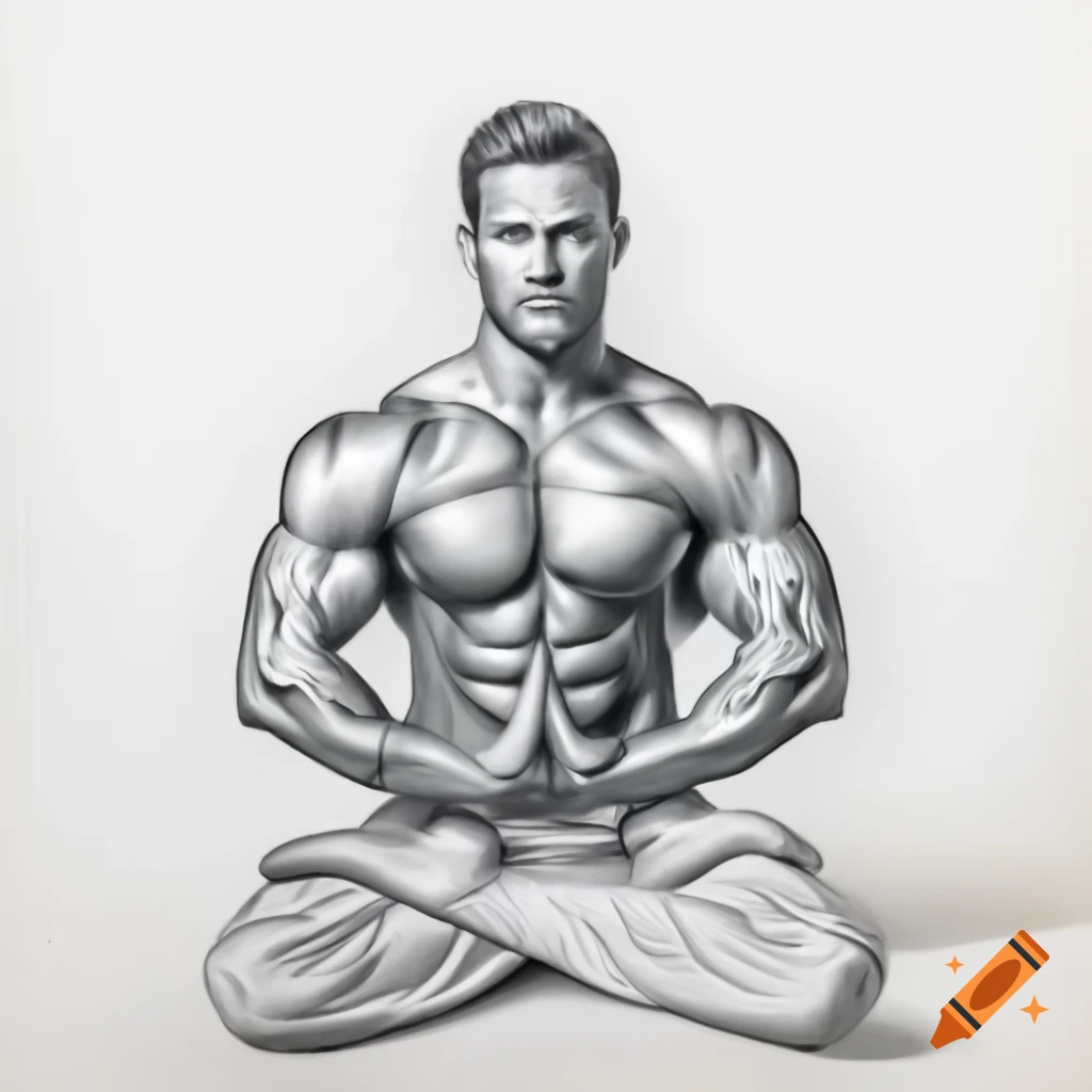 Realistic pencil drawing of muscular man practicing yoga in artistic style