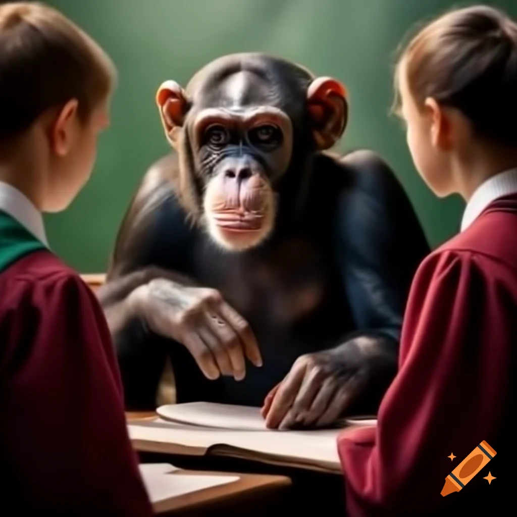Chimpanzee teaching a class of students