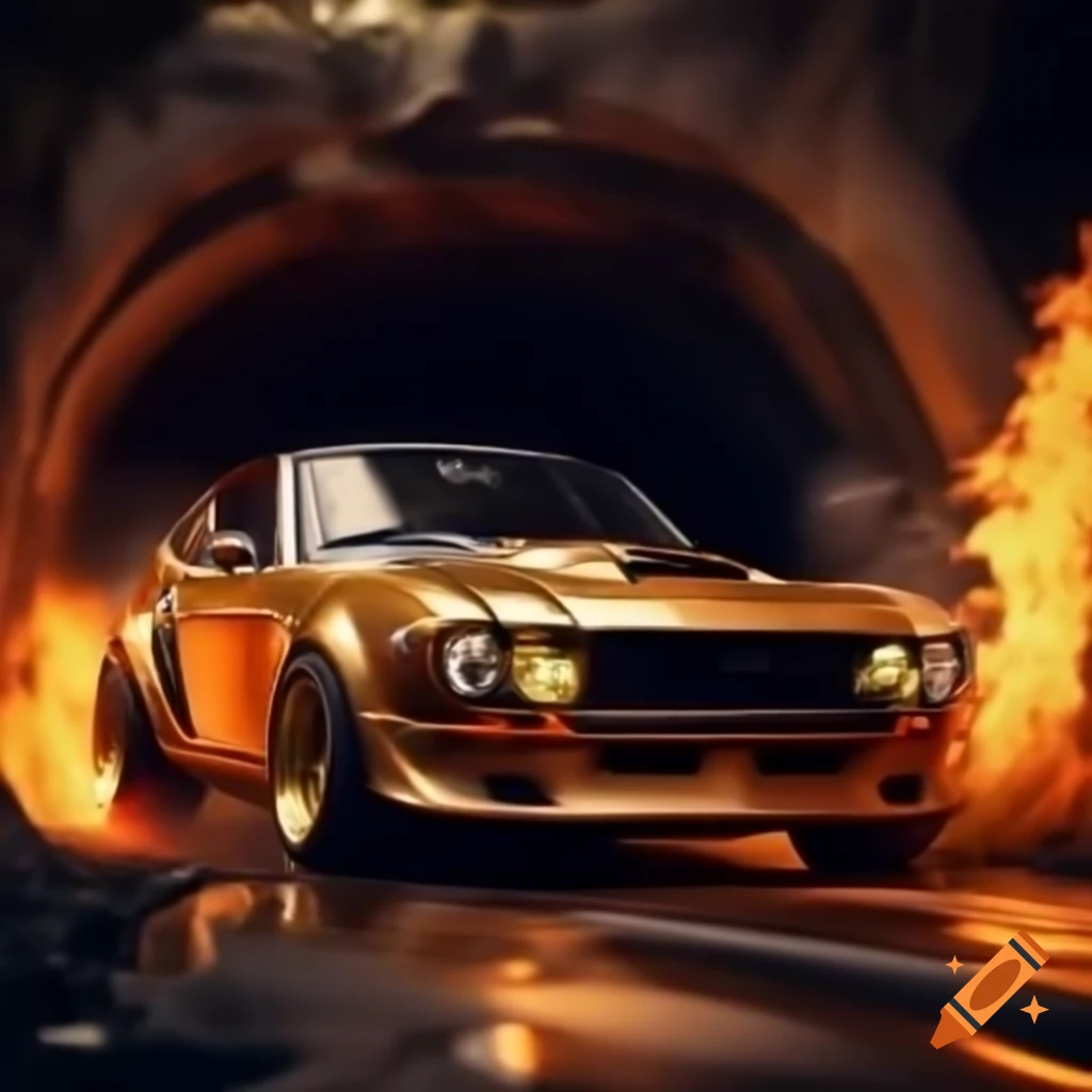 Super Fractal Dream Gold Trimmed Datsun Time Travelling Car speeding through time leaving fire trail