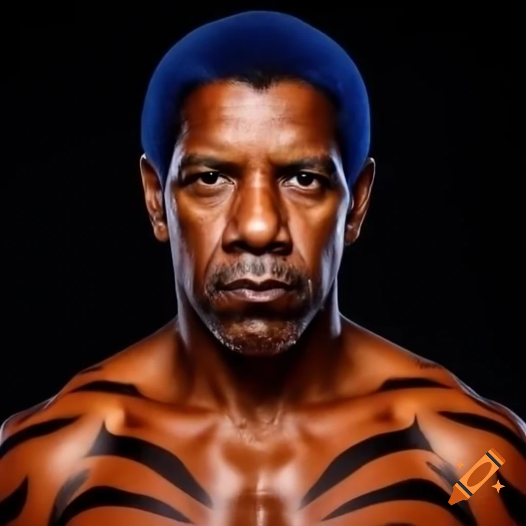 Muscular character with tiger-style makeup featuring blue hair and orange skin