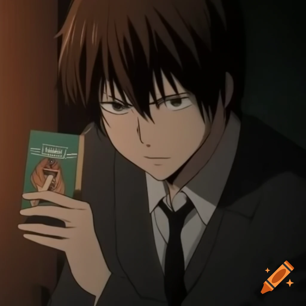 Light Yagami holding a book labeled 'Revenue Book' with a serious expression