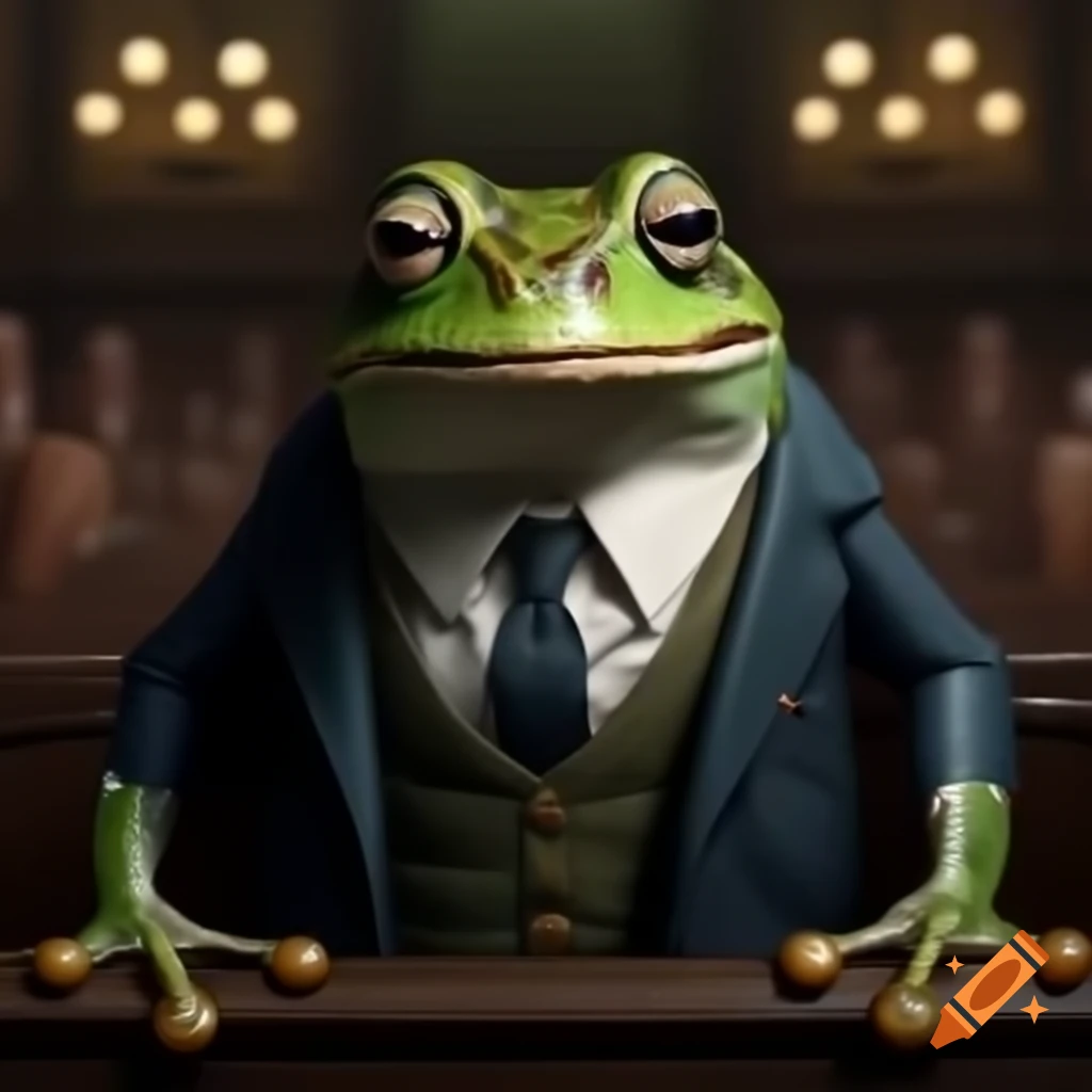 Smug frog in British court room trial setting
