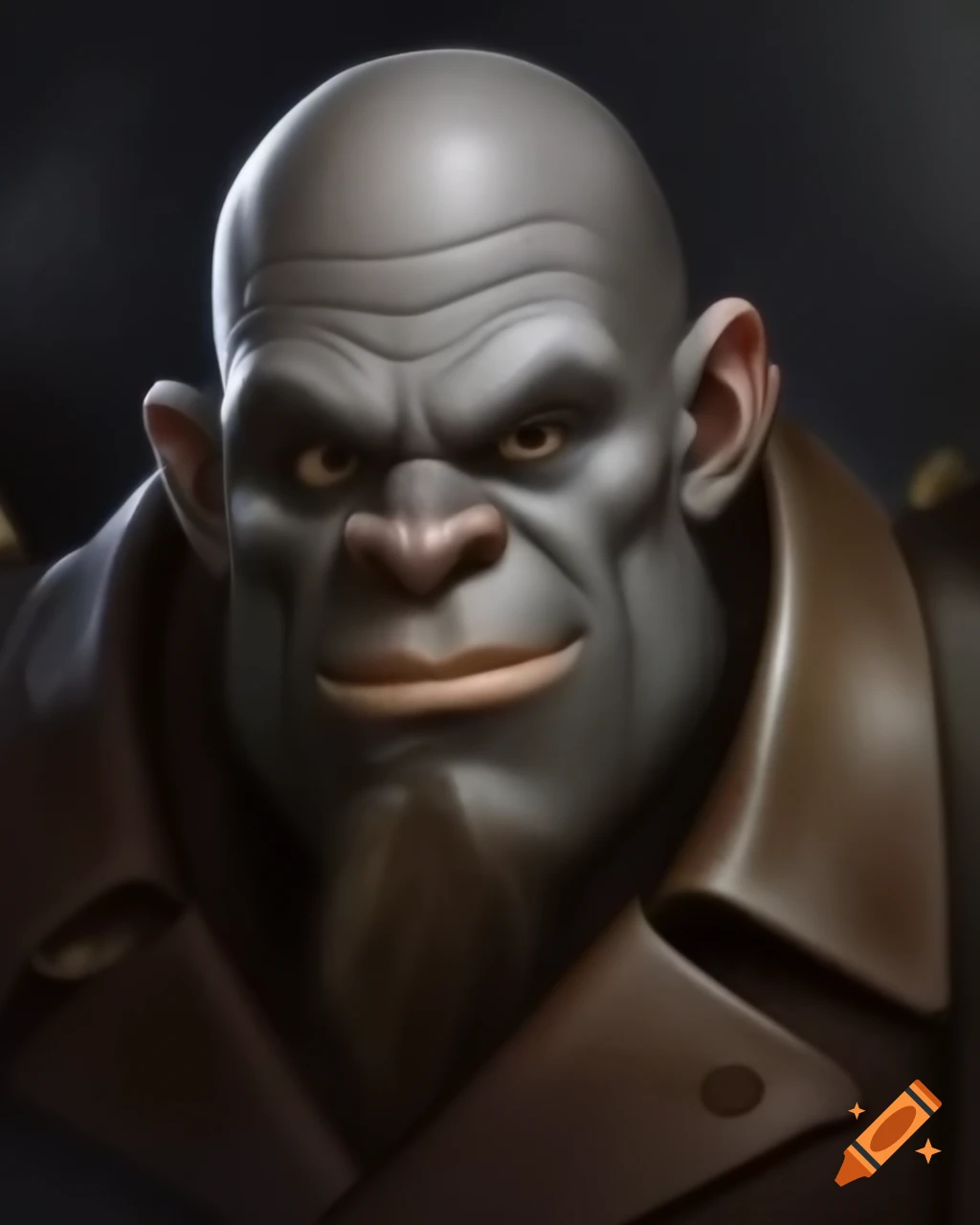 Portrait of friendly bald Slate Grey skin tone Ork in leather trenchcoat