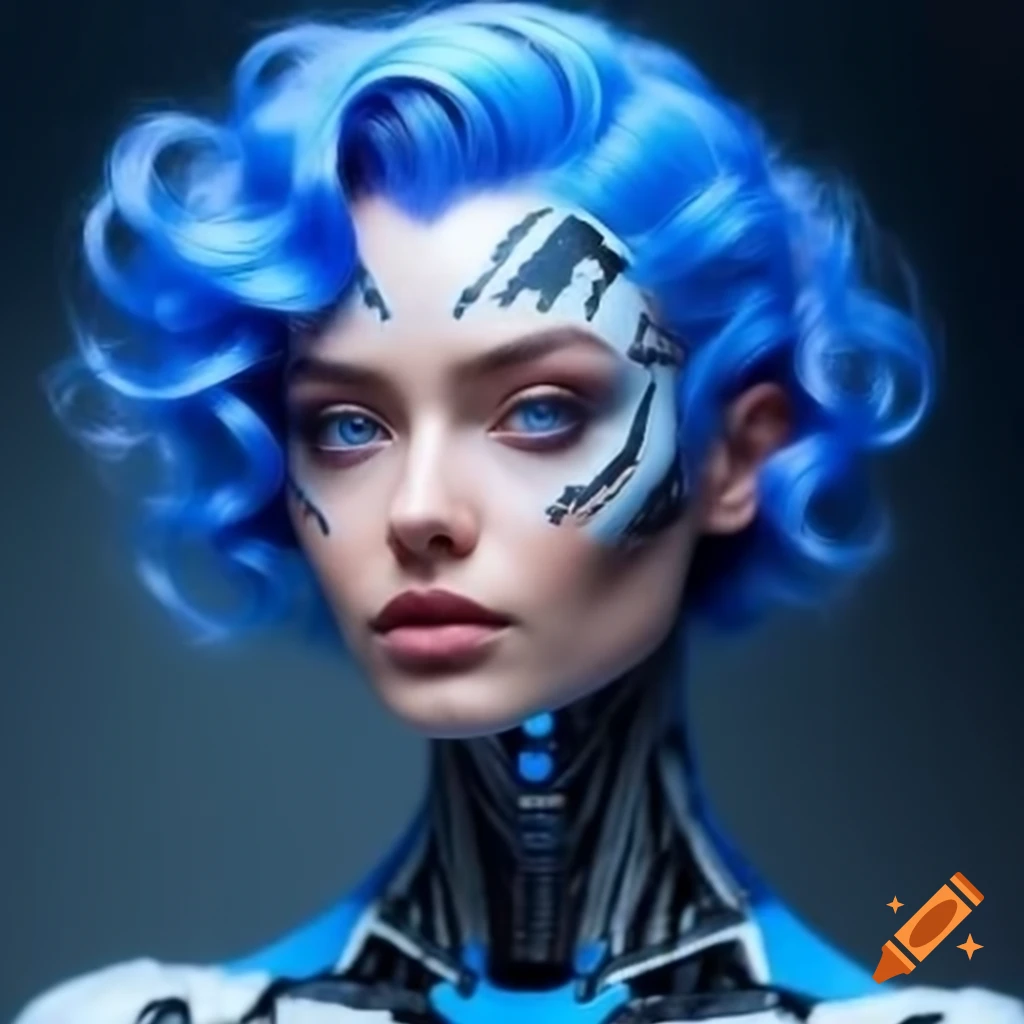 Confident Elegant Woman With Long Blue Hair And Striking Purple Eyes On 