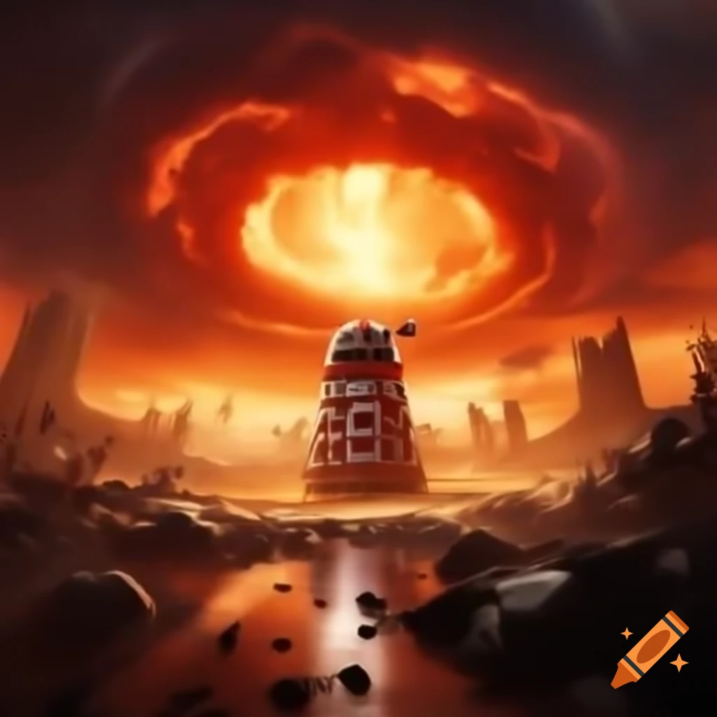 Gallifreyan Chancellery forces in battle with explosions and futuristic debris