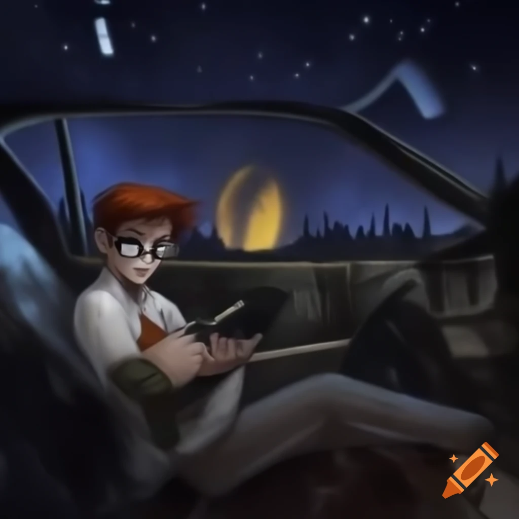 Robin Hamilton Maule fixing a 1970s yellow vehicle in a haunted junkyard at night