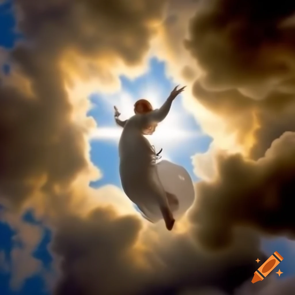 Ethereal figure soaring through golden sky with clouds