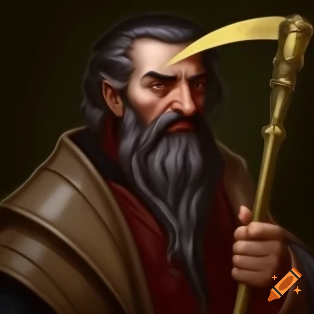 Medieval manuscript portrait of an alchemist cultist with a brass sickle