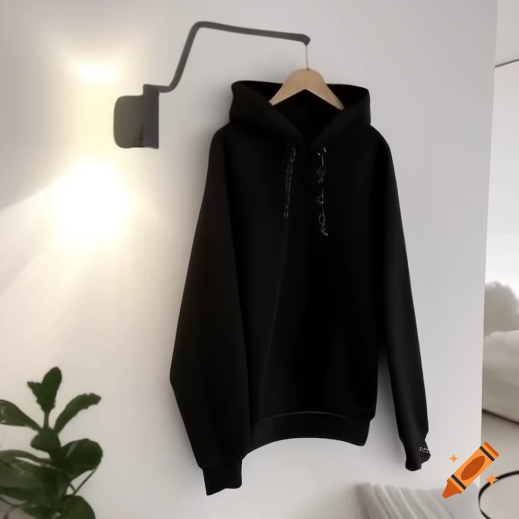 Black hoodie hanging on wall hook in modern minimalist room with plant