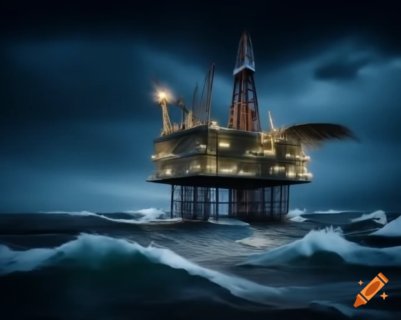 Illuminated oil rig in stormy night with spotlights cutting through rain