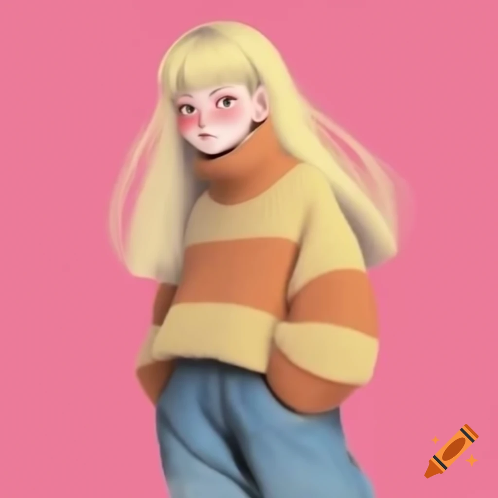 Blonde girl with long hair and glowing grey eyes, wearing a beige sweater and baggy jeans