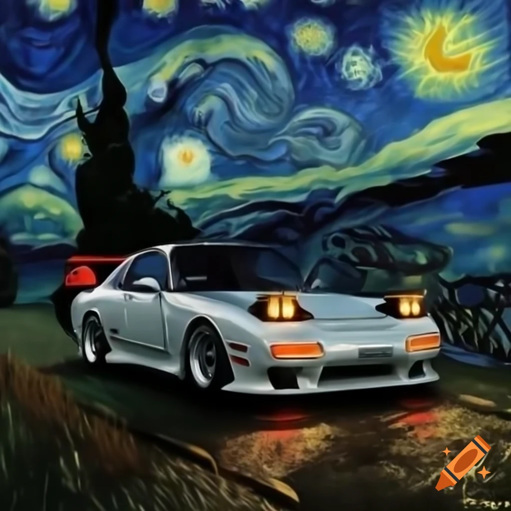Han's RX7 Veilside body kit against a starry night background inspired by Van Gogh
