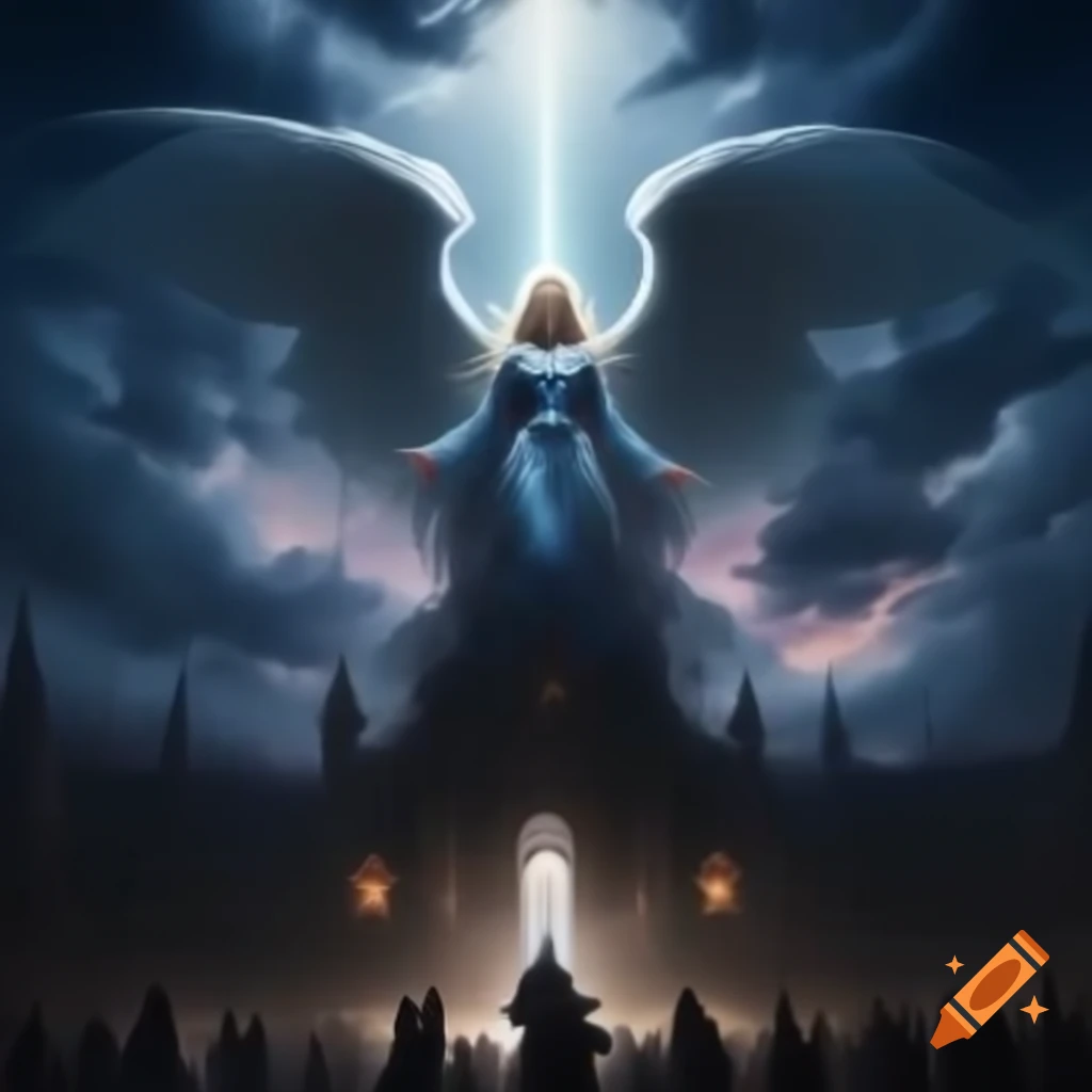 Majestic white angel soaring above crowd with outstretched wings in twilight sky