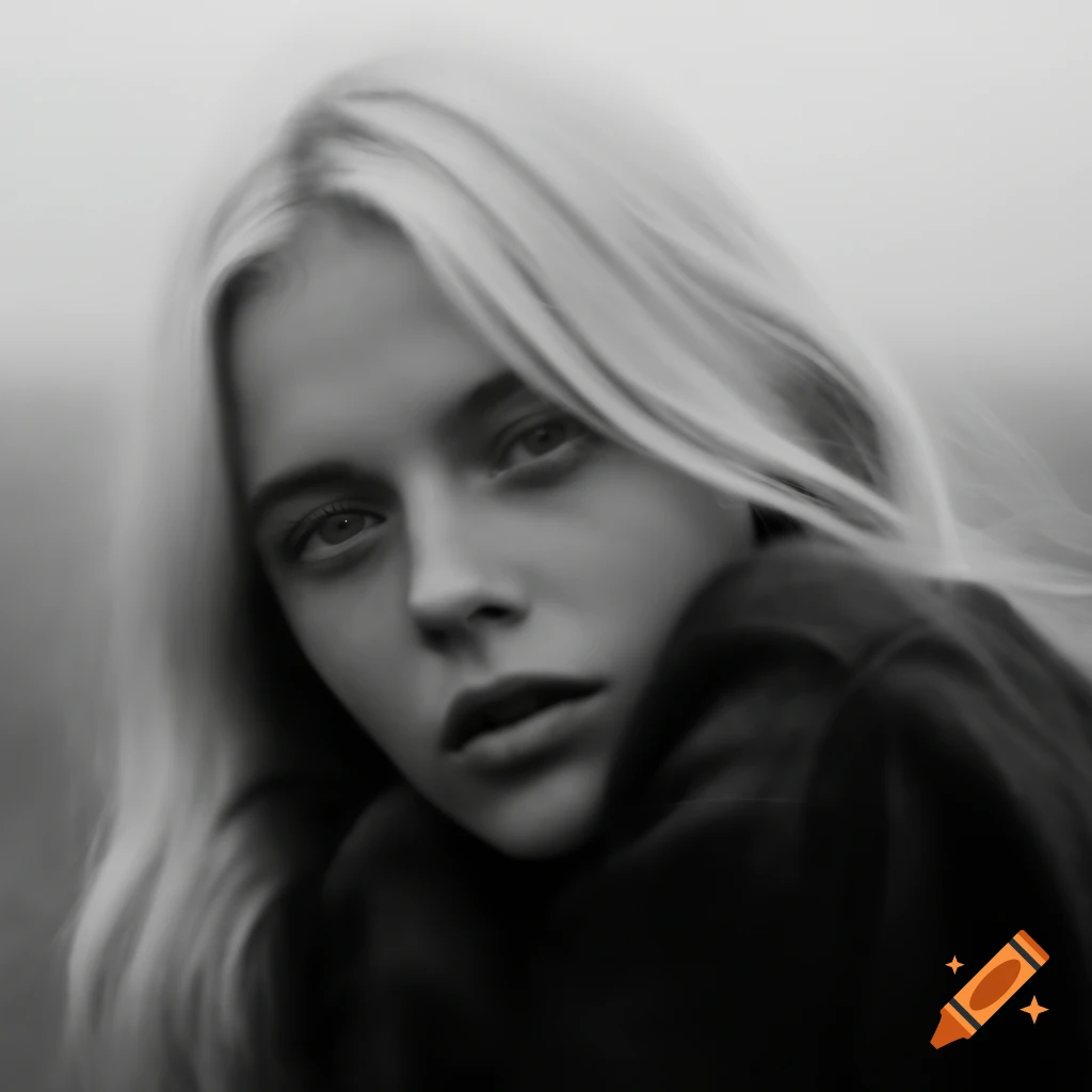 Close-up of a woman with blonde hair in a foggy setting, flash photography