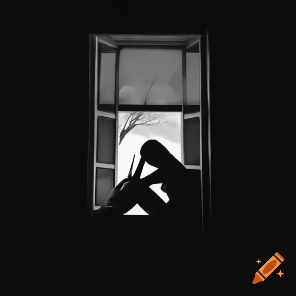 Black and white drawing of a sad woman by an antique window portraying solitude