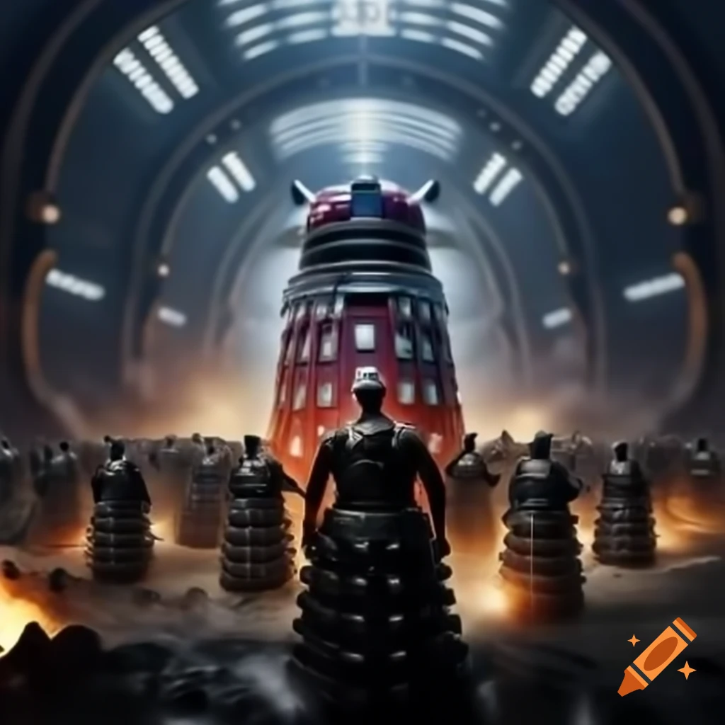 Chancellery Guards fighting Daleks in futuristic interior with explosions