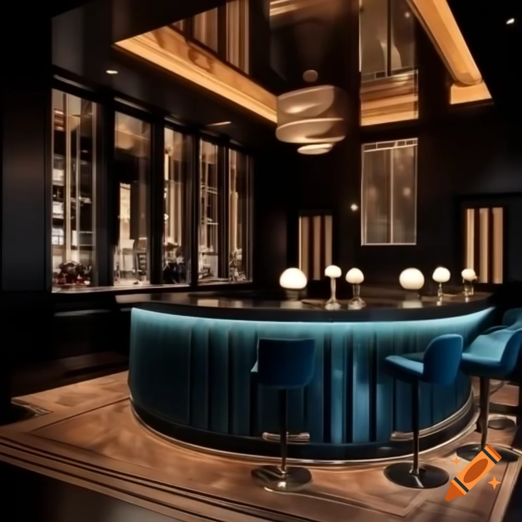 Elegant black interior design for a bar and living room with blue velvet sofa and marble finishes