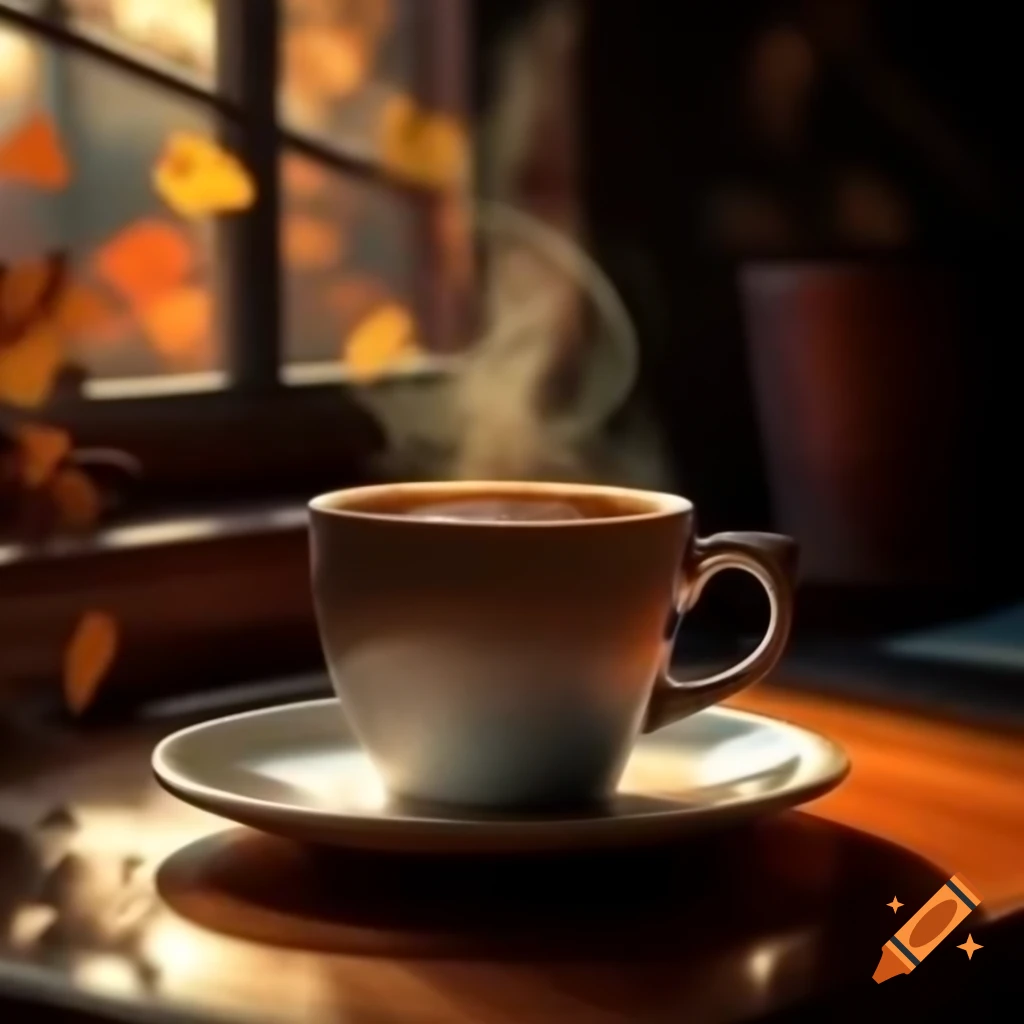 Steaming cup of coffee on table surrounded by autumn foliage