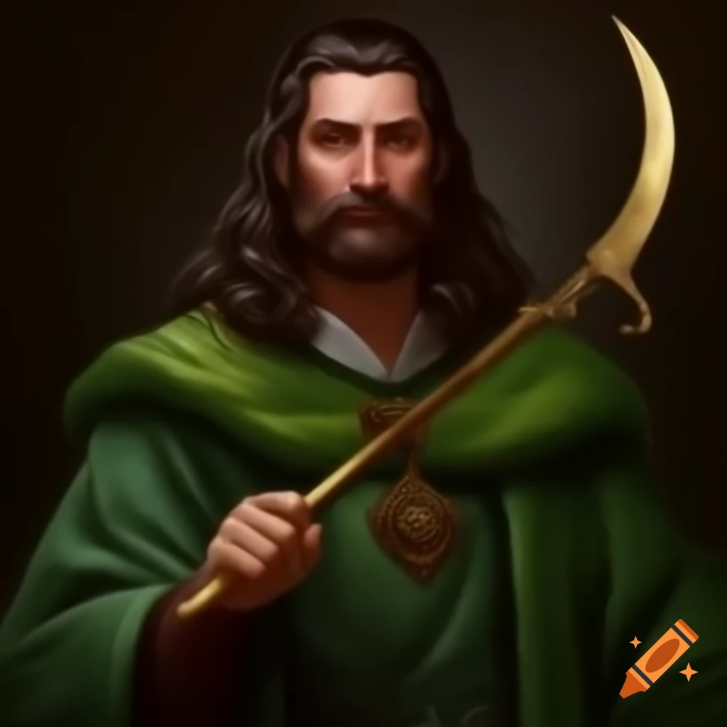 Alfred Molina as medieval alchemist in green robes holding brass sickle