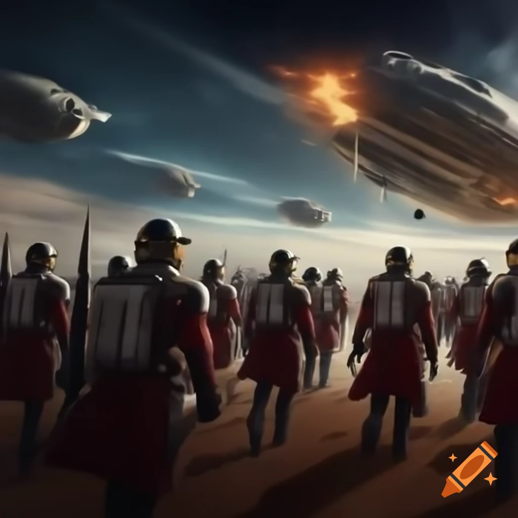 Action scene of Gallifrey Chancellery Guards in iconic uniforms charging in futuristic setting