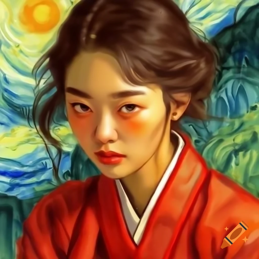 Korean woman in red attire, animated style influenced by Van Gogh and Rembrandt, hyper-realistic details