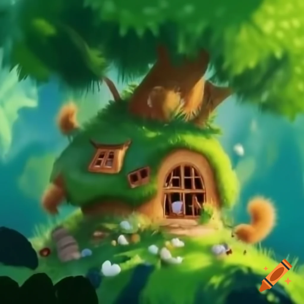 Whimsical tree house surrounded by greenery with squirrels having afternoon tea