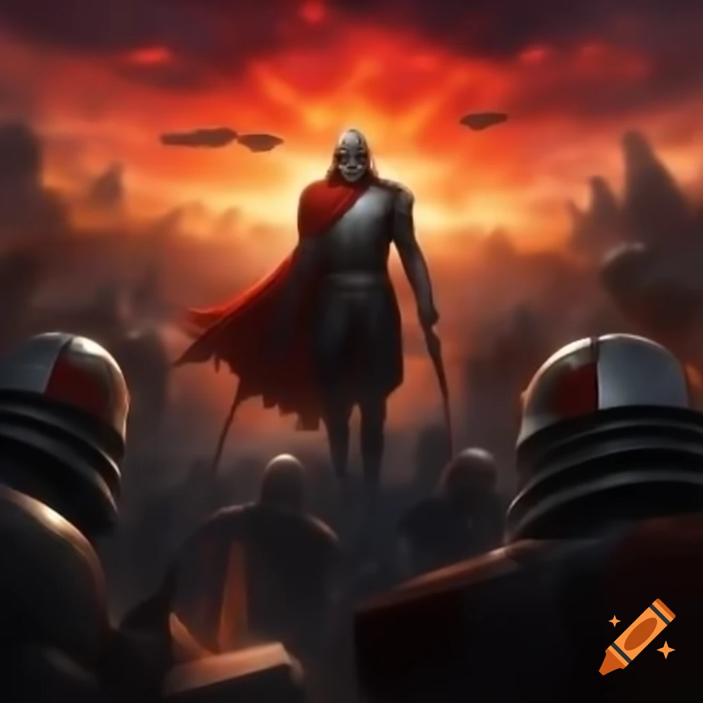 Gallifreyan Chancellery guards in battle with vortex explosions and futuristic debris