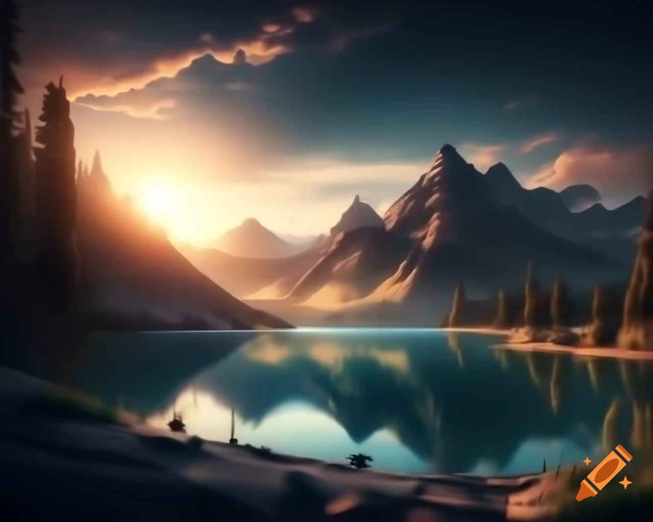 Photorealistic 3D render of mountain lake at sunset with sun rays and island