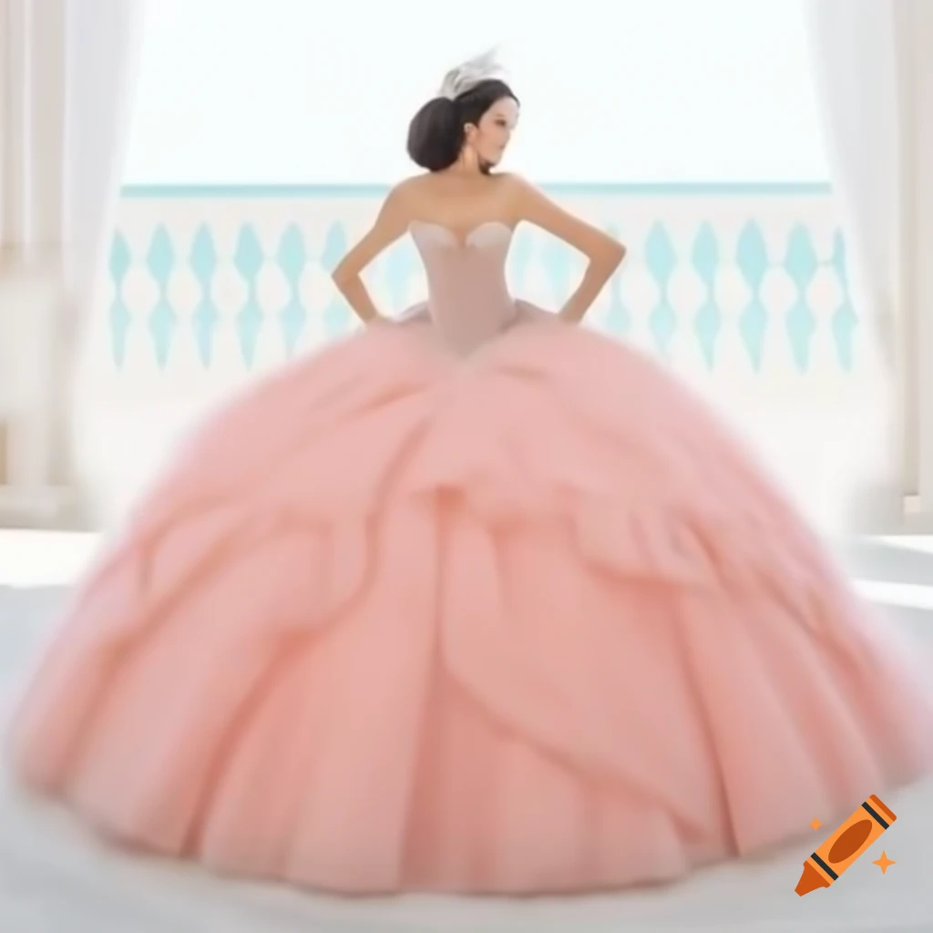 Quinceañera in rose golden dress facing away with loose hair and crown against white animated background