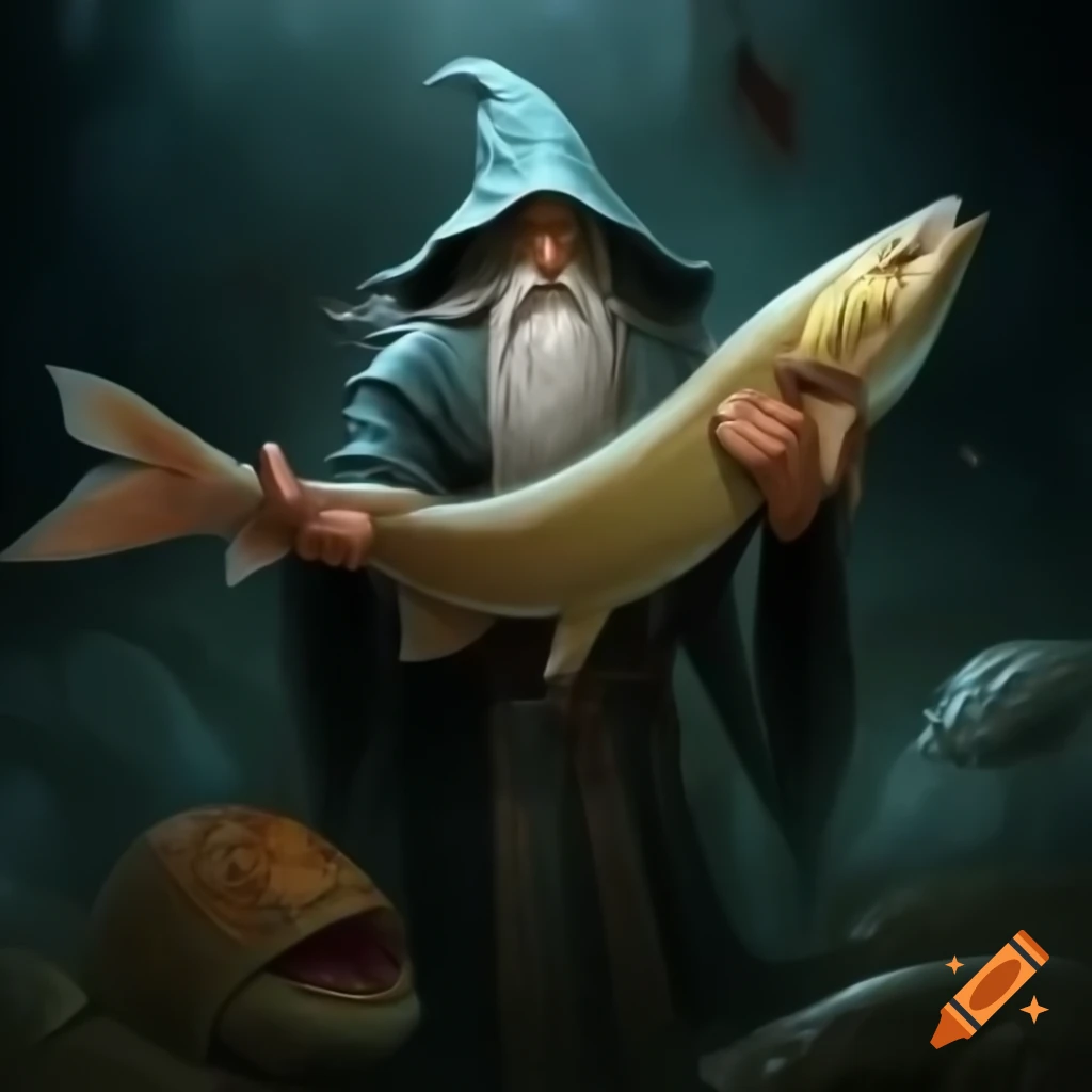 Fantasy wizard engaged in duel with a fish