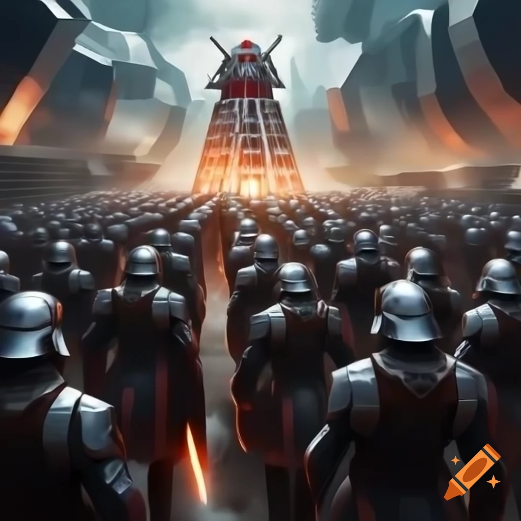 Futuristic Chancellery Guards of Gallifrey in action, clad in white and red uniforms