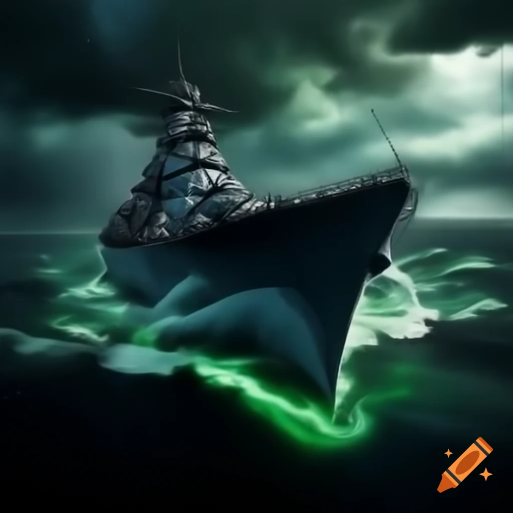 Naval destroyer USS Eldridge vanishing in green light with swirling fog