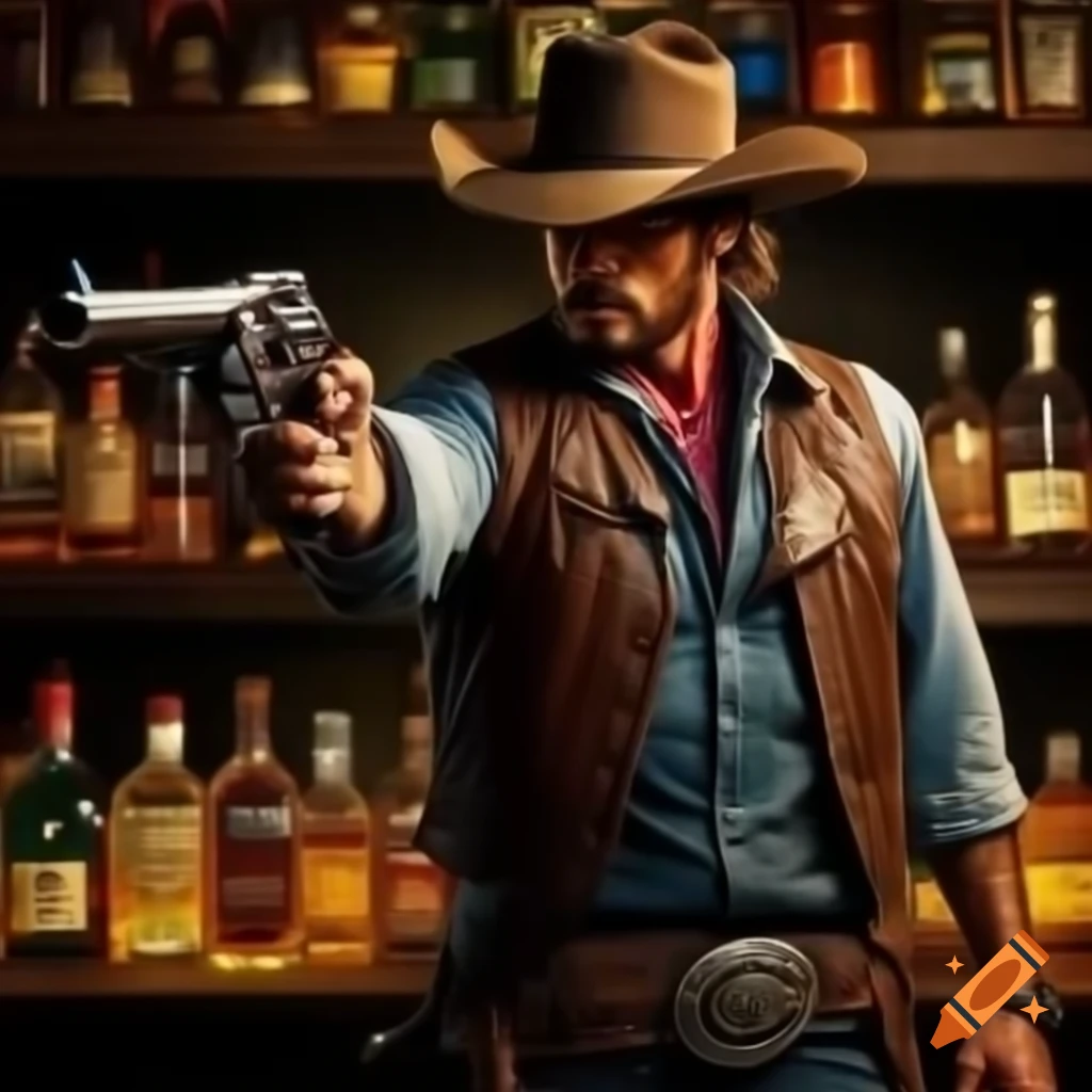 Cowboy in Wild West shooting revolver at liquor bottles
