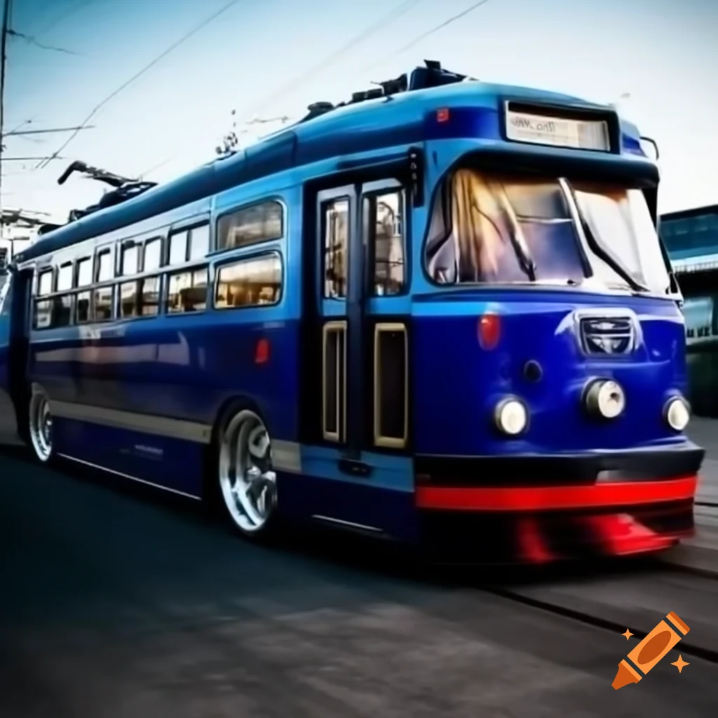 Tram with spoiler and metallic paint job drifting with speakers