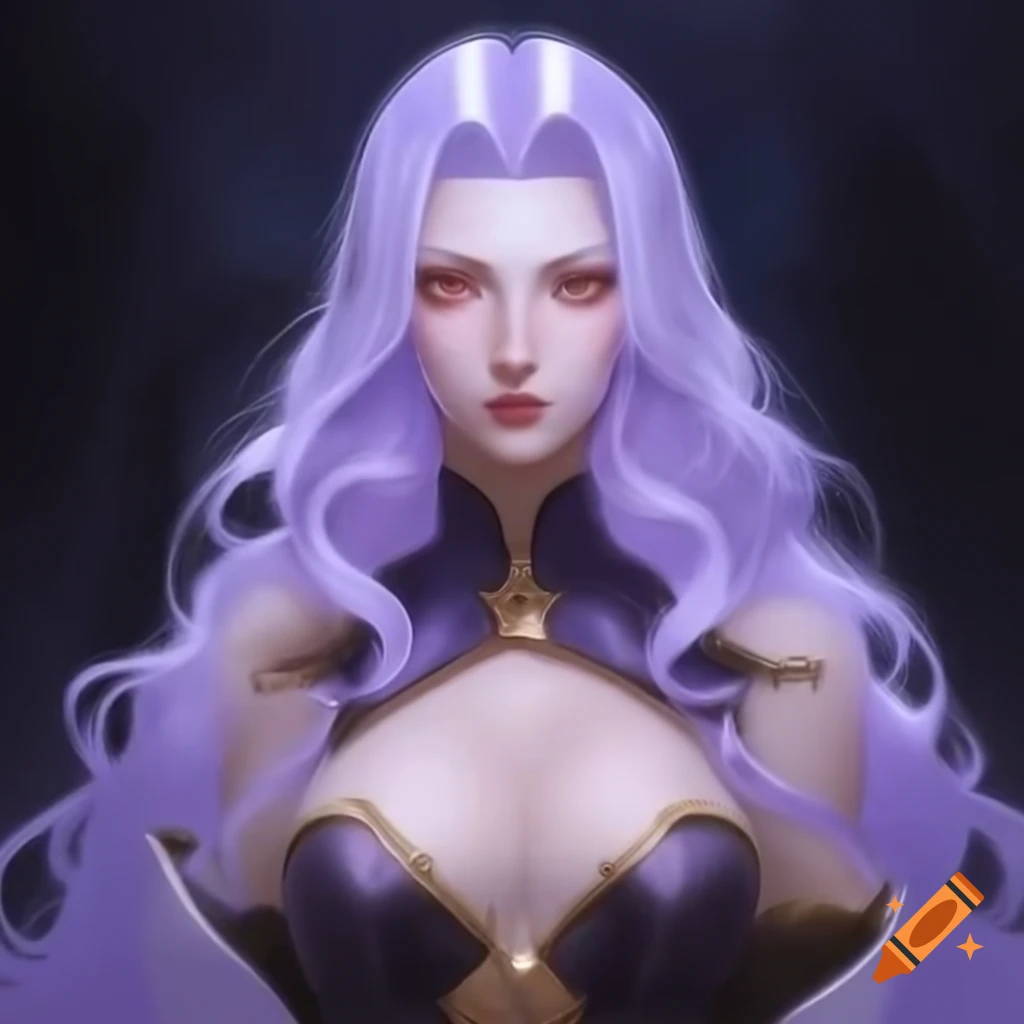 Ethereal maiden heroine with silver lavender hair in ornate boudoir painting
