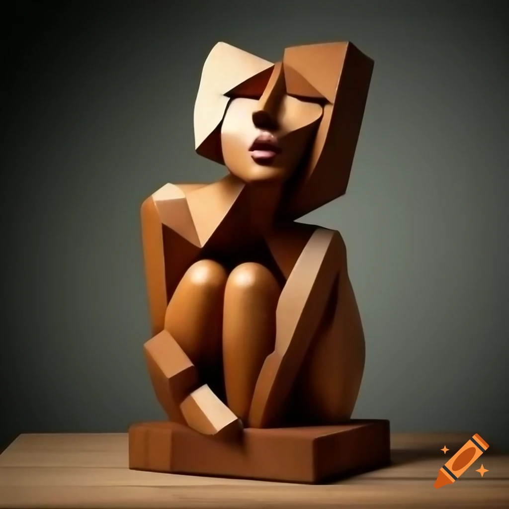 Cubist sculpture of female figure in painted wood