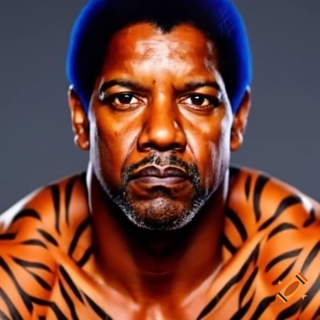 Muscular figure resembling Denzel Washington with tiger-style makeup and blue hair