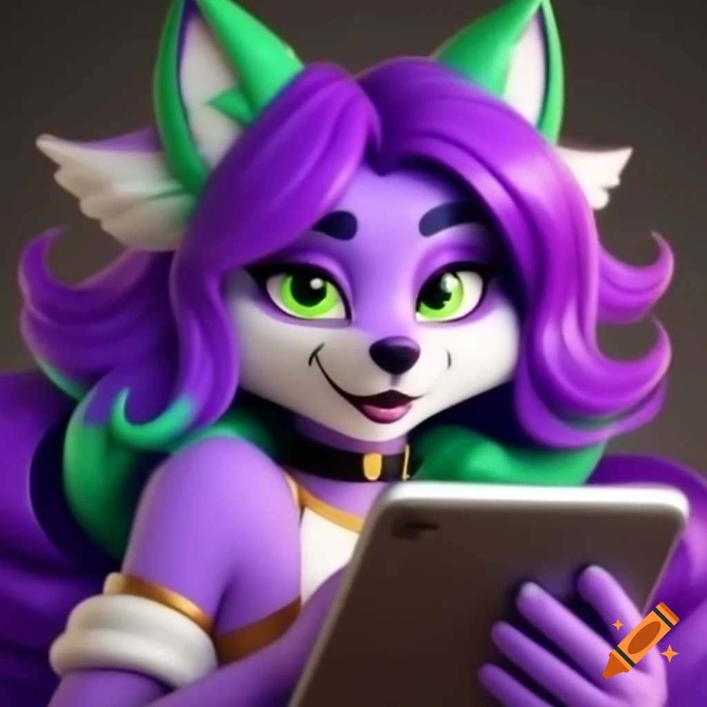 Feminine anthropomorphic wolf with purple and green hair smiling at tablet