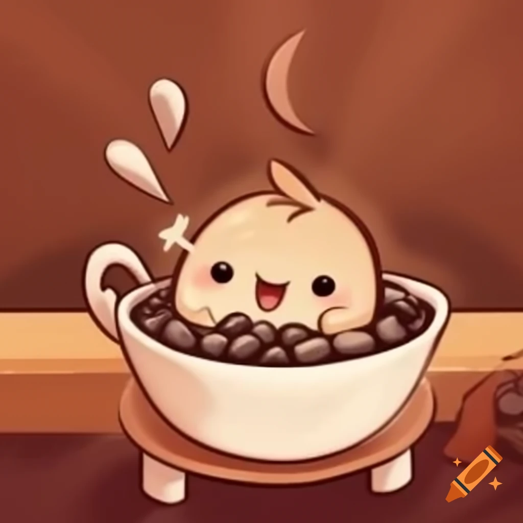 Adorable coffee bean relaxing in a coffee bath inside a cup