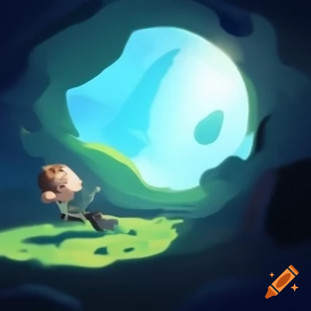 Digital traveler Peter enjoying stunning view on blue planet in cartoon style
