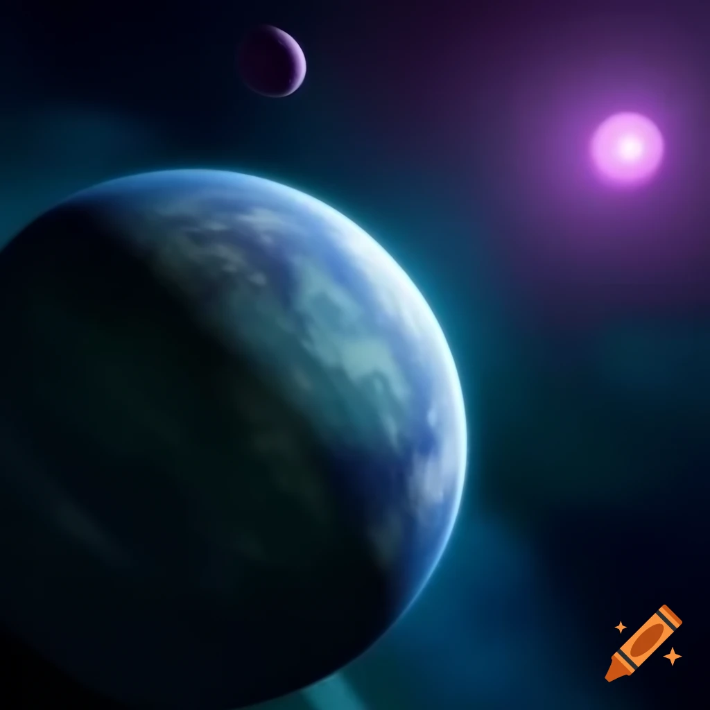 Deep blue sea and green planet with purple ring and small moon in the universe