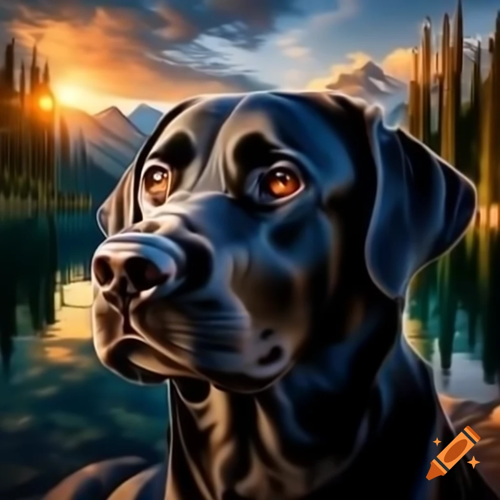 Black Labrador Retriever in forest with trees, front view
